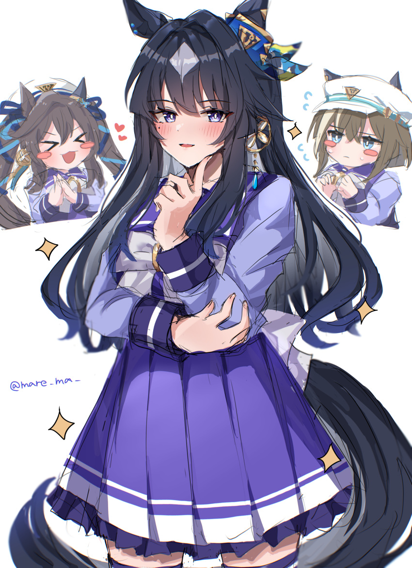&gt;_&lt; 3girls absurdres animal_ears black_hair blue_eyes blush blush_stickers bow brown_hair cheval_grand_(umamusume) closed_eyes commentary_request cowboy_shot earrings hair_between_eyes hair_ornament hat heart highres horse_ears horse_girl horse_tail jewelry long_hair long_sleeves looking_at_viewer mare_ma multicolored_hair multiple_girls open_mouth parted_lips peaked_cap pleated_skirt purple_serafuku purple_shirt purple_skirt purple_thighhighs sailor_collar sailor_hat school_uniform serafuku shirt siblings simple_background single_earring sisters skirt streaked_hair sweat tail thigh-highs tracen_school_uniform twintails twitter_username umamusume verxina_(umamusume) vivlos_(umamusume) white_background white_bow white_hair white_headwear winter_uniform