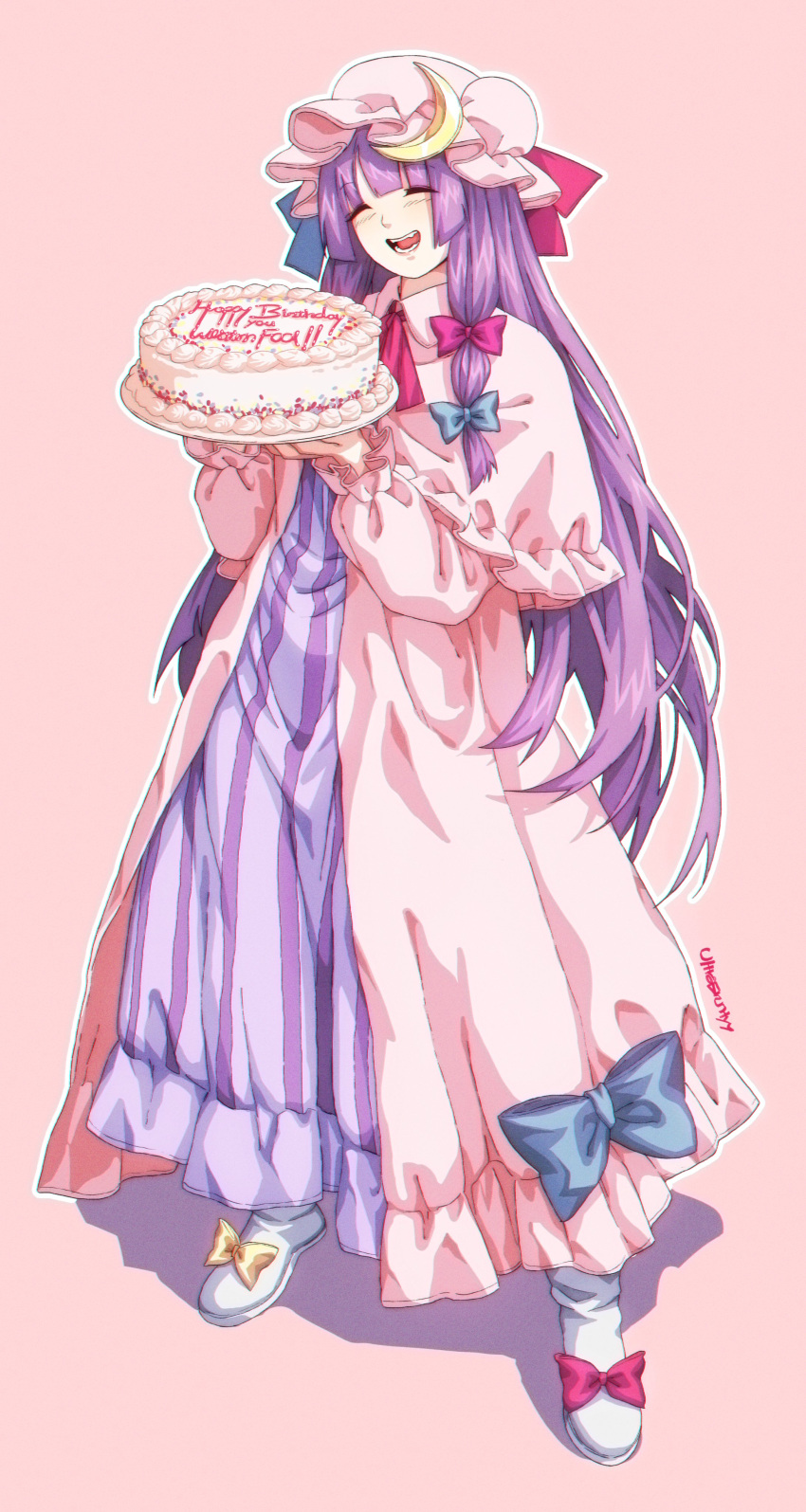 1girl absurdres birthday_cake blue_bow bow cake closed_eyes commission crescent crescent_hat_ornament dress english_text food hair_bow hat_ornament highres jacket long_hair multiple_hair_bows patchouli_knowledge pink_background pink_bow pink_jacket purple_dress purple_hair smile solo touhou two-tone_dress ultragruntyy very_long_hair