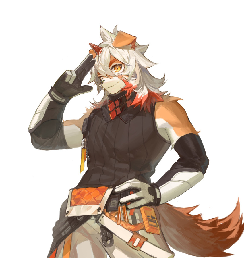 1boy animal_ears arknights bandaid bandaid_on_cheek bandaid_on_face black_shirt clay_(clayjun) colored_tips english_commentary fang fang_out furry furry_male hand_on_own_hip highres horns hung_(arknights) looking_at_viewer male_focus multicolored_hair one_eye_closed salute shirt single_horn sleeveless sleeveless_shirt smile tail two-finger_salute white_background