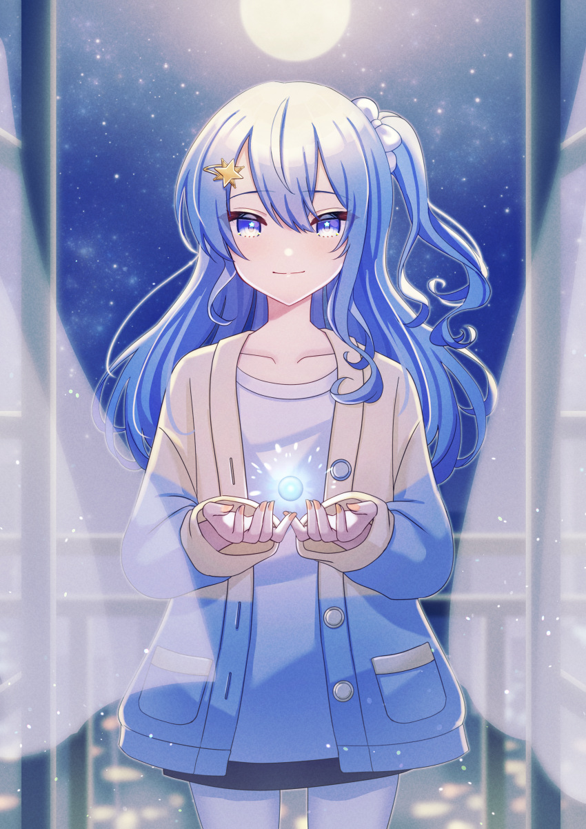 1girl absurdres blue_eyes blue_hair bow cardigan cowboy_shot curtains full_moon hair_bow hair_ornament hairclip highres holding_orb hololive hoshimachi_suisei long_hair long_sleeves looking_at_viewer miniskirt moon nail_polish night night_sky one_side_up skirt sky smile solo star_(sky) star_(symbol) star_hair_ornament starry_sky straight-on tsumurimai virtual_youtuber window