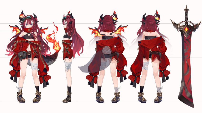 1girl absurdres armored_boots asymmetrical_hair asymmetrical_horns bandages belt_pouch black_shorts black_socks black_tank_top blue_eyes boots breasts choppy_bangs detached_collar dragon_girl dragon_tail dragon_wings fang fiery_wings fire flame-tipped_tail full_body goggles goggles_on_head highres horns huge_weapon leg_wrap long_hair makihitsuji multicolored_hair official_art phase_connect pouch red_robe redhead reference_sheet robe saya_sairroxs scales shorts side_ponytail sleeves_past_fingers sleeves_past_wrists small_breasts socks sword tail tank_top two-tone_hair very_long_sleeves virtual_youtuber weapon white_hair wings