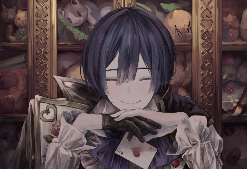 1boy absurdres black_gloves blue_hair blue_nails card closed_eyes closed_mouth commentary dark_blue_hair doll facing_viewer frilled_sleeves frills gloves hair_between_eyes half_gloves highres holding holding_card ill_0619 jacket jacket_on_shoulders kaito_(vocaloid) leaning_forward male_focus matryoshka_doll nail_polish pale_skin playing_card portrait shelf shirt short_hair smile solo stuffed_toy vocaloid white_shirt