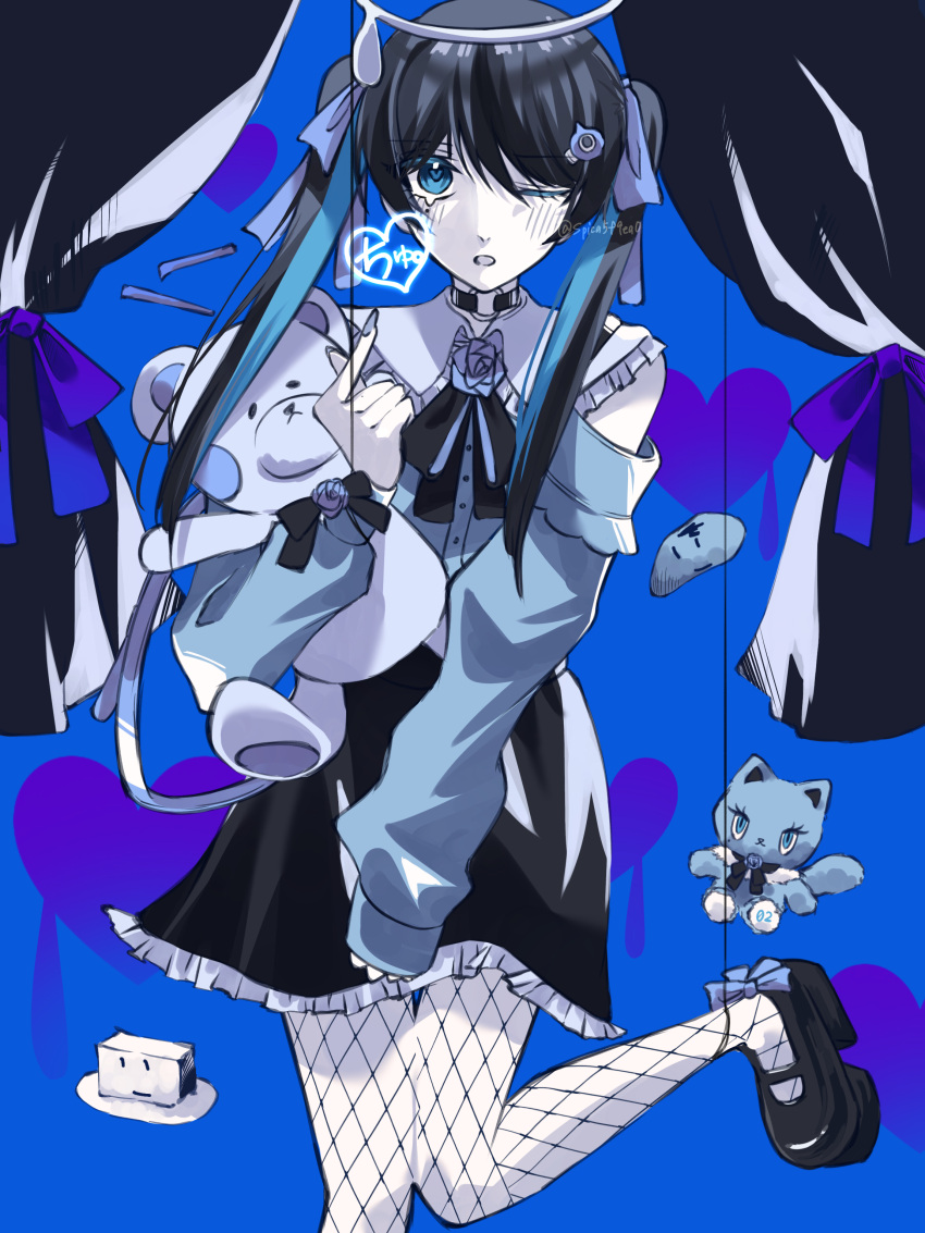 1girl absurdres ado_(utaite) black_bow black_bowtie black_hair black_skirt blue_background blue_eyes blue_hair blue_nails blue_shirt blush bow bowtie chando_(ado) clothing_cutout cloud_nine_inc commentary darling_dance_(vocaloid) finger_heart fishnet_pantyhose fishnets flower_brooch frilled_skirt frills halo heart heart-shaped_pupils highres jirai_kei long_hair long_sleeves mole mole_under_eye multicolored_hair nail_polish one_eye_closed open_mouth pantyhose shirt shoulder_cutout skirt sleeves_past_wrists solo spica_(spica5f9ea0) standing standing_on_one_leg stuffed_animal stuffed_toy symbol-shaped_pupils teddy_bear twintails twitter_username two-tone_hair utaite