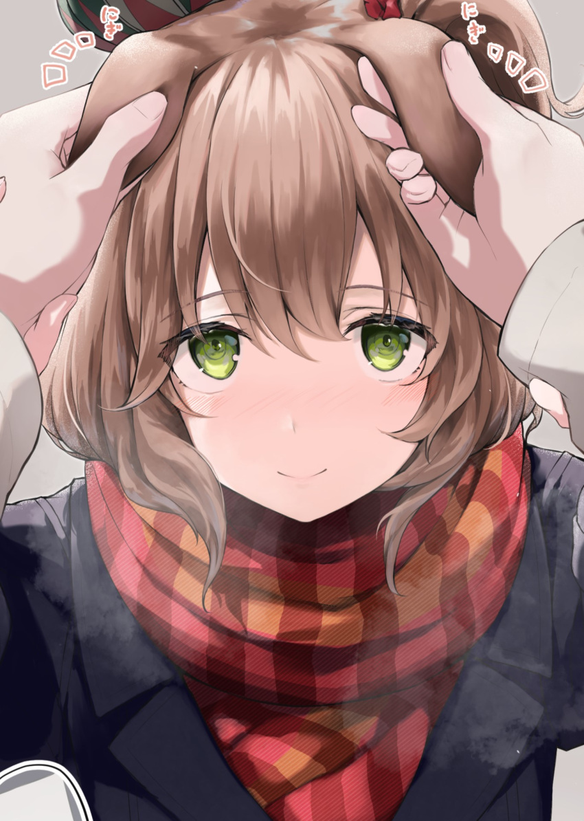1girl animal_ears aston_machan_(umamusume) black_jacket blush butterwabito commentary_request crown disembodied_limb green_eyes grey_background hair_between_eyes highres horse_ears horse_girl jacket medium_hair notice_lines plaid plaid_scarf playing_with_another's_ears ponytail pov scarf simple_background smile solo_focus umamusume upper_body