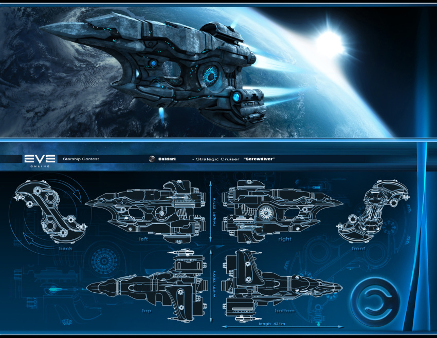 3d blue_theme blueprint_(medium) caldari_state_(eve_online) cannon capp007 clouds commentary concept_art copyright_name cruiser_(eve_online) emblem energy_cannon english_text eve_online flying from_side glowing highres in_orbit letterboxed logo military_vehicle multiple_views no_humans ocean original outdoors planet reference_sheet science_fiction space spacecraft star_(sky) strategic_cruiser_(eve_online) tech_3_ship_(eve_online) thrusters vehicle_focus vernier_thrusters