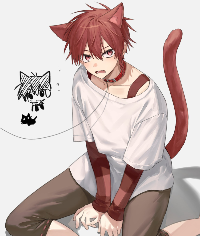 2boys animal_ears brown_pants cat_boy cat_ears cat_tail collar extra_ears fujo0t4ku grey_background highres leash looking_at_viewer maeno_aki male_focus multiple_boys pants red_collar red_eyes red_sleeves red_tank_top redhead shirt simple_background sitting tail tank_top tsugino_haru white_shirt zeno_(game)