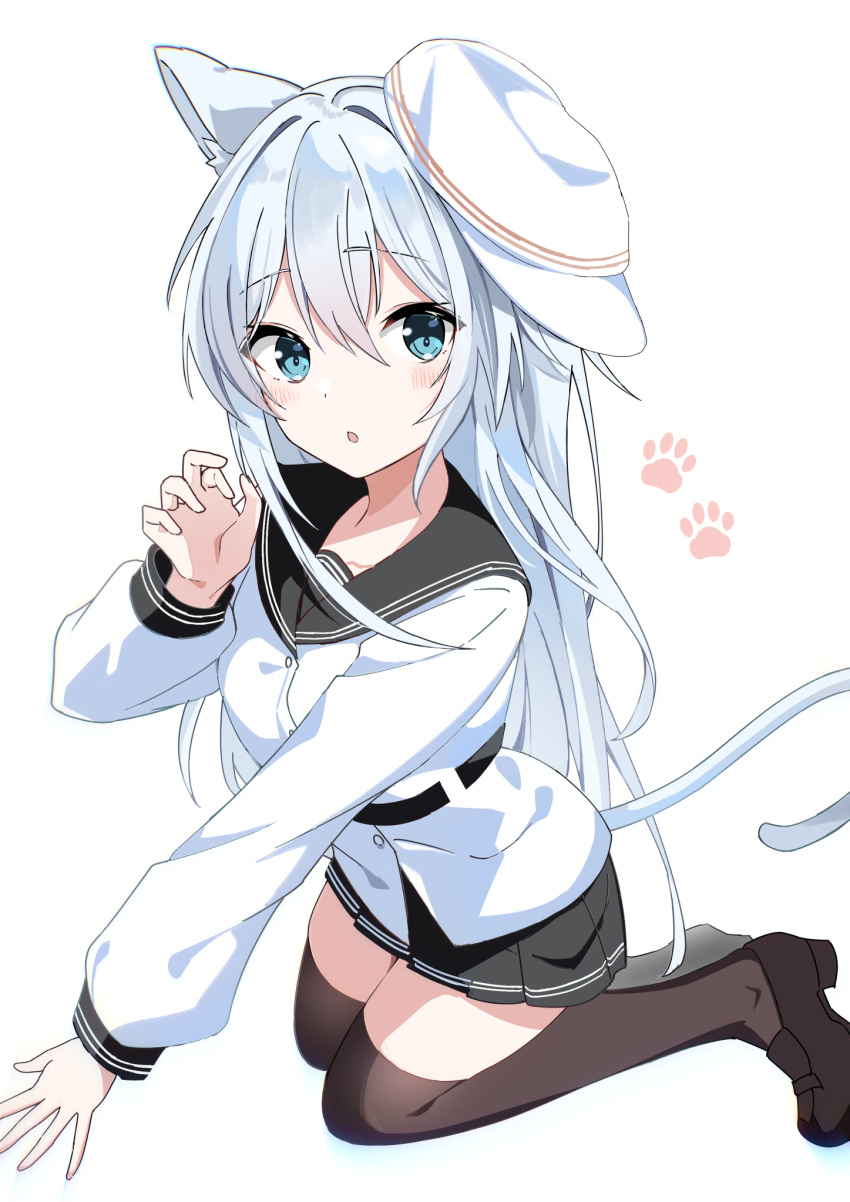1girl animal_ear_fluff animal_ears black_footwear black_sailor_collar black_skirt black_thighhighs blue_eyes blush cat_ears cat_tail fathom grey_hair hair_between_eyes hat hibiki_(kancolle) highres kantai_collection long_hair long_sleeves looking_at_viewer parted_lips paw_print pleated_skirt sailor_collar sailor_shirt shirt shoes simple_background skirt solo tail thigh-highs verniy_(kancolle) white_background white_headwear white_shirt