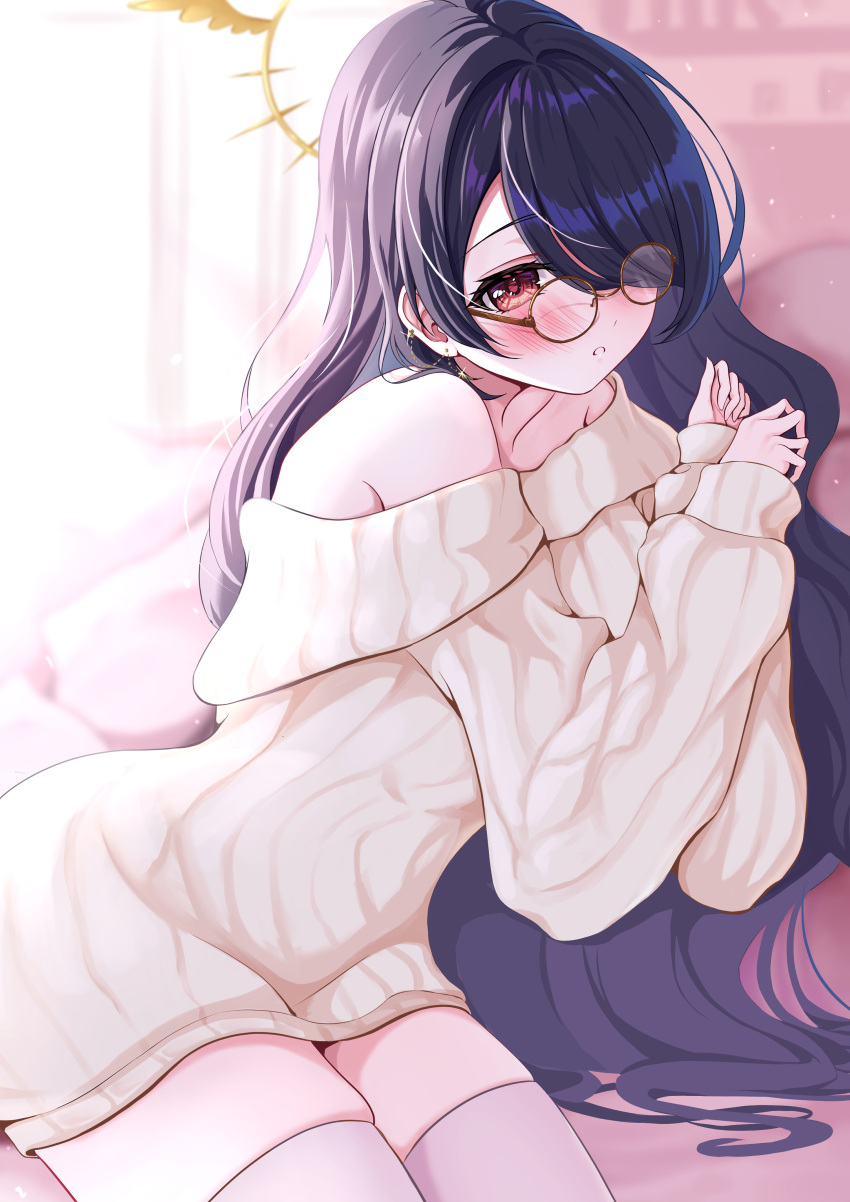 1girl absurdres alternate_costume bespectacled black_hair blue_archive blush cowboy_shot glasses halo highres hinata_(blue_archive) indoors long_hair long_sleeves off-shoulder_sweater off_shoulder open_mouth red_eyes solo sweater tarakopng thigh-highs white_sweater white_thighhighs yellow_halo