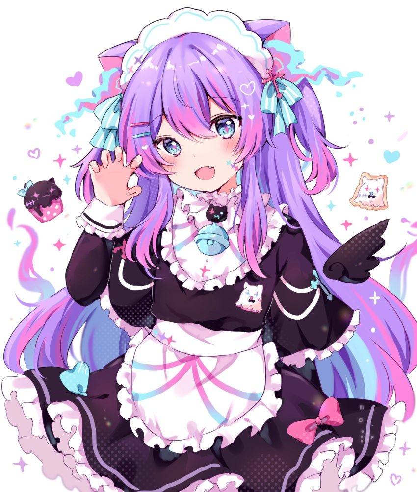 1girl :3 animal_ears apron bell blue_eyes blue_hair blush bow brooch capelet cat_ears cat_girl claw_pose commentary cookie cross cupcake dress fang food frilled_capelet frilled_dress frilled_shirt_collar frills hair_ornament hairclip hand_up highres jewelry kokoshira_0510 long_hair looking_at_viewer maid maid_headdress multicolored_hair neck_bell open_mouth original pink_hair purple_hair ribbon smile solo stitched_face stitches two_side_up very_long_hair waist_apron wings