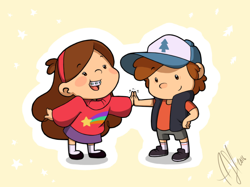 1boy 1girl :d arm_up blush_stickers braces brother_and_sister brown_hair chibi dated dipper_pines disney full_body gravity_falls hand_on_own_hip hat high_five hintojin leaning_forward long_hair long_sleeves mabel_pines open_mouth outline pink_sweater shadow shorts siblings signature simple_background smile standing star_(symbol) star_print sweater teeth upper_teeth_only white_outline