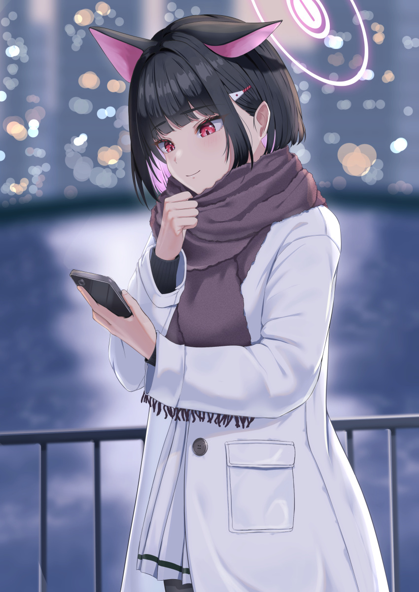 1girl absurdres animal_ears black_hair black_pantyhose blue_archive brown_scarf cat_ears cellphone city_lights coat colored_inner_hair fence goron_(w58ibhohu2pidth) halo highres holding holding_phone kazusa_(blue_archive) looking_down multicolored_hair pantyhose phone pink_hair red_eyes red_halo scarf short_hair skirt smartphone smile solo white_coat white_skirt