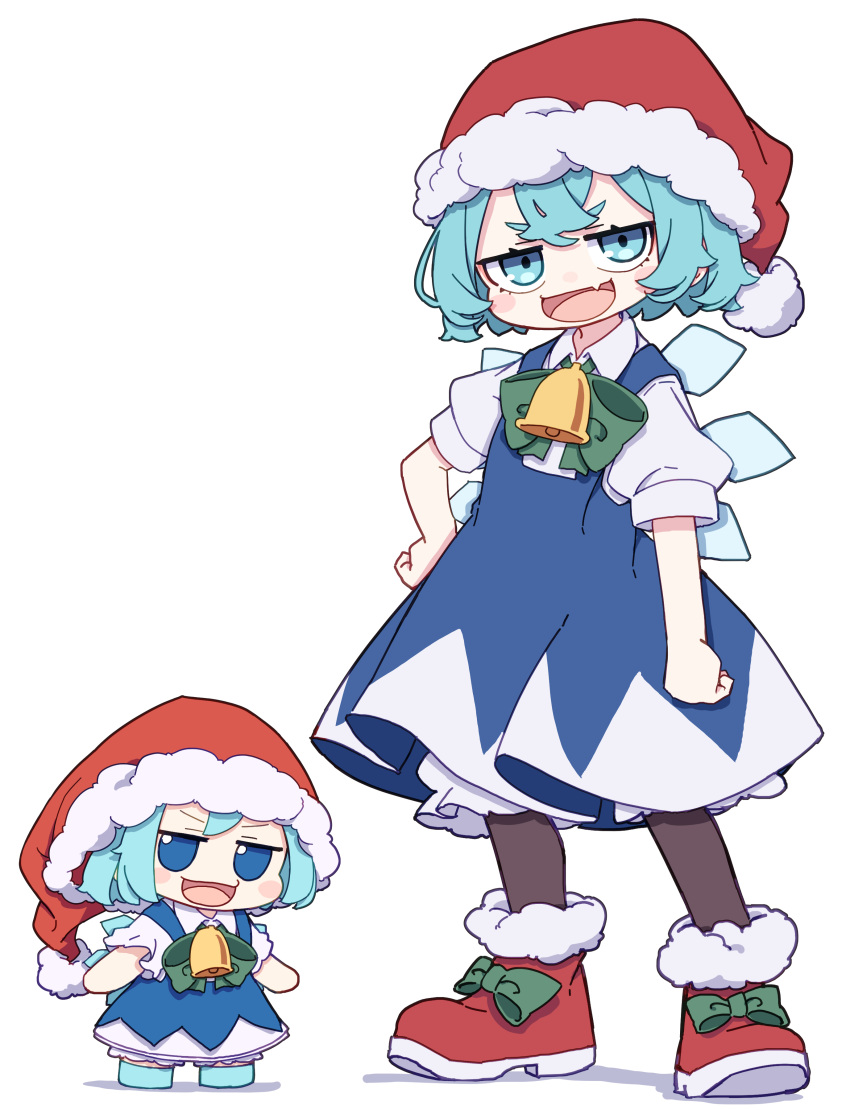 2girls absurdres bell black_pantyhose blue_dress blue_eyes blue_footwear blue_hair blush_stickers cirno collared_shirt detached_wings dress dual_persona fairy fang full_body fumo_(doll) hair_between_eyes hat highres ice ice_wings kame_(kamepan44231) looking_at_viewer multiple_girls neck_bell open_mouth pantyhose pom_pom_(clothes) puffy_short_sleeves puffy_sleeves red_footwear red_headwear santa_hat shirt shoes short_hair short_sleeves simple_background skin_fang smile standing touhou white_background white_shirt wings