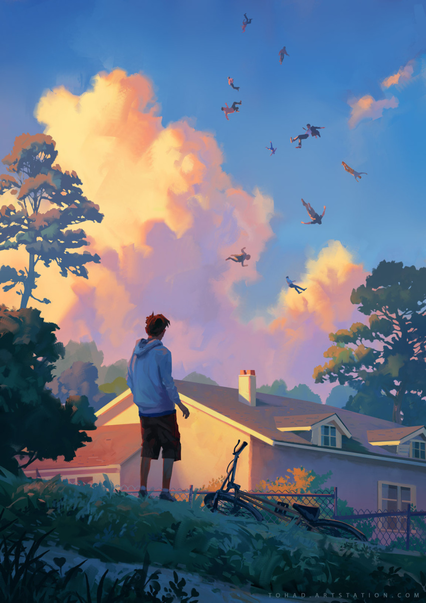 1boy 6+others artist_name bicycle black_shorts blue_sky brown_hair building chain-link_fence clouds commentary english_commentary evening facing_away falling fence from_behind grass highres hood hoodie house long_sleeves multiple_others orange_clouds original outdoors scenery short_hair shorts sky solo_focus standing surreal sylvain_sarrailh tree white_hoodie