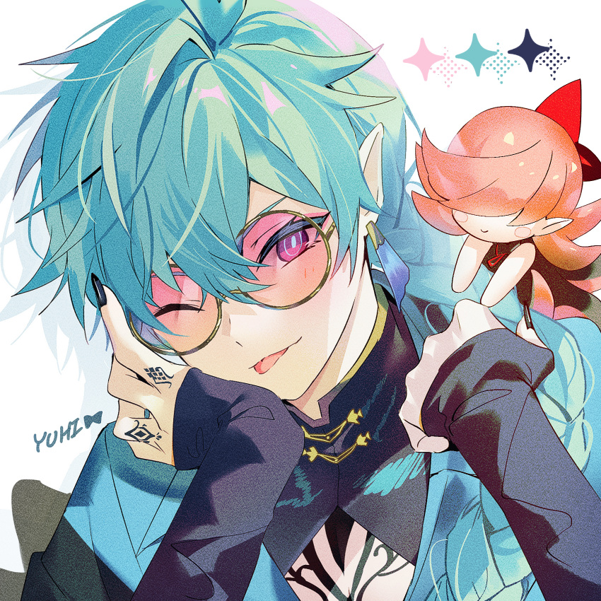 1boy :p black_nails black_sleeves blue_hair blue_jacket braid chest_tattoo commentary earrings fairy film_grain finger_tattoo fragaria_memories hangyon_(fragaria_memories) highres jacket jewelry long_hair looking_at_viewer male_focus one_eye_closed open_clothes open_jacket pink-tinted_eyewear pink_hair pointy_ears shadow signature simple_background solo swept_bangs tassel tassel_earrings tattoo tinted_eyewear tongue tongue_out violet_eyes white_background yuhi_(hssh_6)