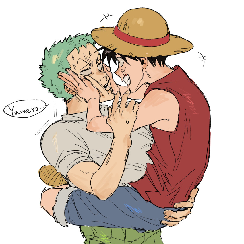 2boys anger_vein black_eyes black_hair carrying carrying_person cheek_press clinging eye_contact face-to-face full_body green_hair hand_on_another's_back hands_on_another's_face haramaki hat highres leg_lock looking_at_another male_focus monkey_d._luffy multiple_boys nsozp one_armed_carry one_piece romaji_text roronoa_zoro scar scar_on_cheek scar_on_face short_hair sideburns simple_background smile speech_bubble straw_hat sweatdrop upper_body white_background