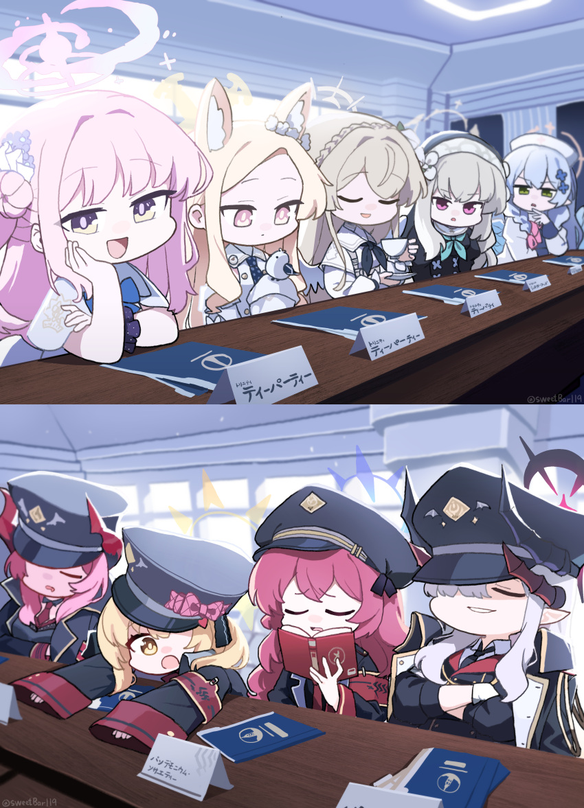 Safebooru - 6+girls absurdres angel wings animal animal ears bird black  scrunchie blonde hair blue archive blue hair blue wings capelet closed eyes  closed mouth coif cup dress flower fox ears green