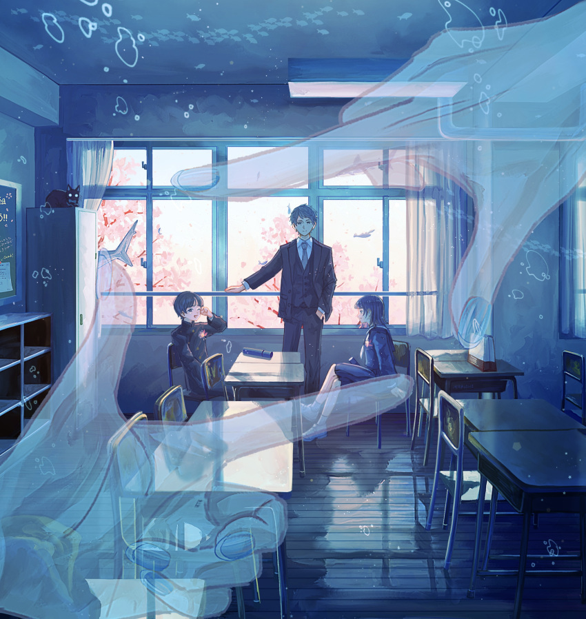 1girl 2boys ;d absurdres bag black_hair black_jacket black_pants black_skirt black_suit blue_nails blue_theme cat chair cherry_blossoms classroom collared_shirt commentary crossed_legs curtains day desk finger_frame fish flying_fish gakuran grey_necktie hand_in_pocket hand_on_own_face highres indoors ivelovedsekaowa jacket locker long_sleeves looking_at_another multiple_boys nail_polish necktie one_eye_closed original pants scenery school_chair school_desk school_of_fish school_uniform serafuku shirt short_hair sitting skirt smile standing suit surreal transparent white_shirt wide_shot window