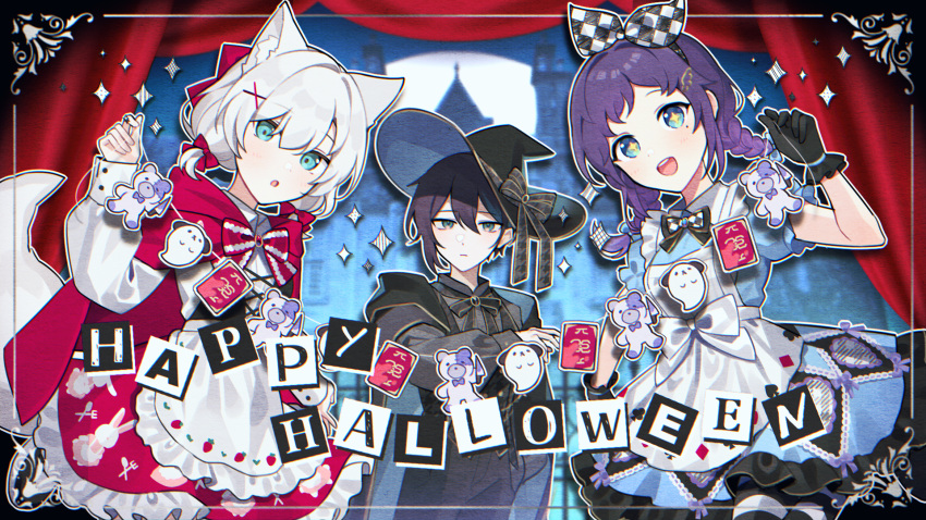 +_+ 1boy 2girls :o aiba_uiha alternate_costume animal_ears animal_print apron ars_almal black_bow black_bowtie black_cape black_gloves black_hair black_headwear black_shirt blue_dress blue_eyes blues_(nijisanji) border bow bowtie braid cape castle checkered_bow checkered_clothes closed_mouth commentary_request cowboy_shot curtains dress full_moon gloves hair_ornament happy_halloween hat head_tilt highres holding hood hooded_cape long_sleeves looking_at_viewer mayuzumi_kai moon multiple_girls night night_sky nijisanji open_mouth outdoors purple_hair rabbit_print red_cape red_skirt shirt short_hair short_sleeves skirt sky smile sparkle string_of_flags tail twin_braids violet_eyes virtual_youtuber waka_(wk4444) white_apron white_dress white_hair witch_hat wolf_ears wolf_girl wolf_tail x_hair_ornament