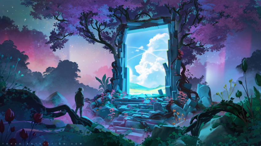 1boy artist_name black_jacket blue_sky clouds commentary english_commentary facing_away fantasy forest from_behind grass jacket landscape leaf moss nature original outdoors plant portal_(object) rock roots scenery sky solo stairs standing star_(sky) starry_sky sylvain_sarrailh tree very_wide_shot