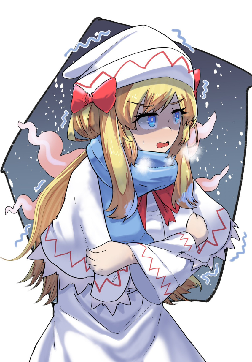 1girl blonde_hair blue_eyes blue_scarf bow capelet cold dress hair_bow highres lily_white looking_to_the_side multiple_hair_bows open_mouth red_bow scarf snowing solo touhou trembling white_background white_capelet white_dress white_headwear yet_you