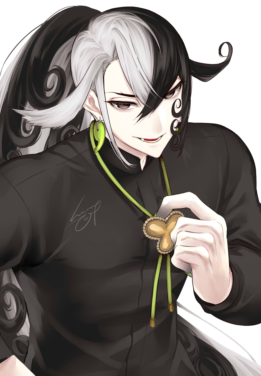 1boy absurdres alternate_hairstyle ashiya_douman_(fate) asymmetrical_hair black_hair chinese_clothes curly_hair earrings fang fate/grand_order fate_(series) fingernails hair_between_eyes haruhina highres jewelry large_hands long_hair looking_at_viewer low_ponytail magatama magatama_earrings male_focus multicolored_hair sharp_fingernails smile solo split-color_hair two-tone_hair upper_body very_long_hair white_hair