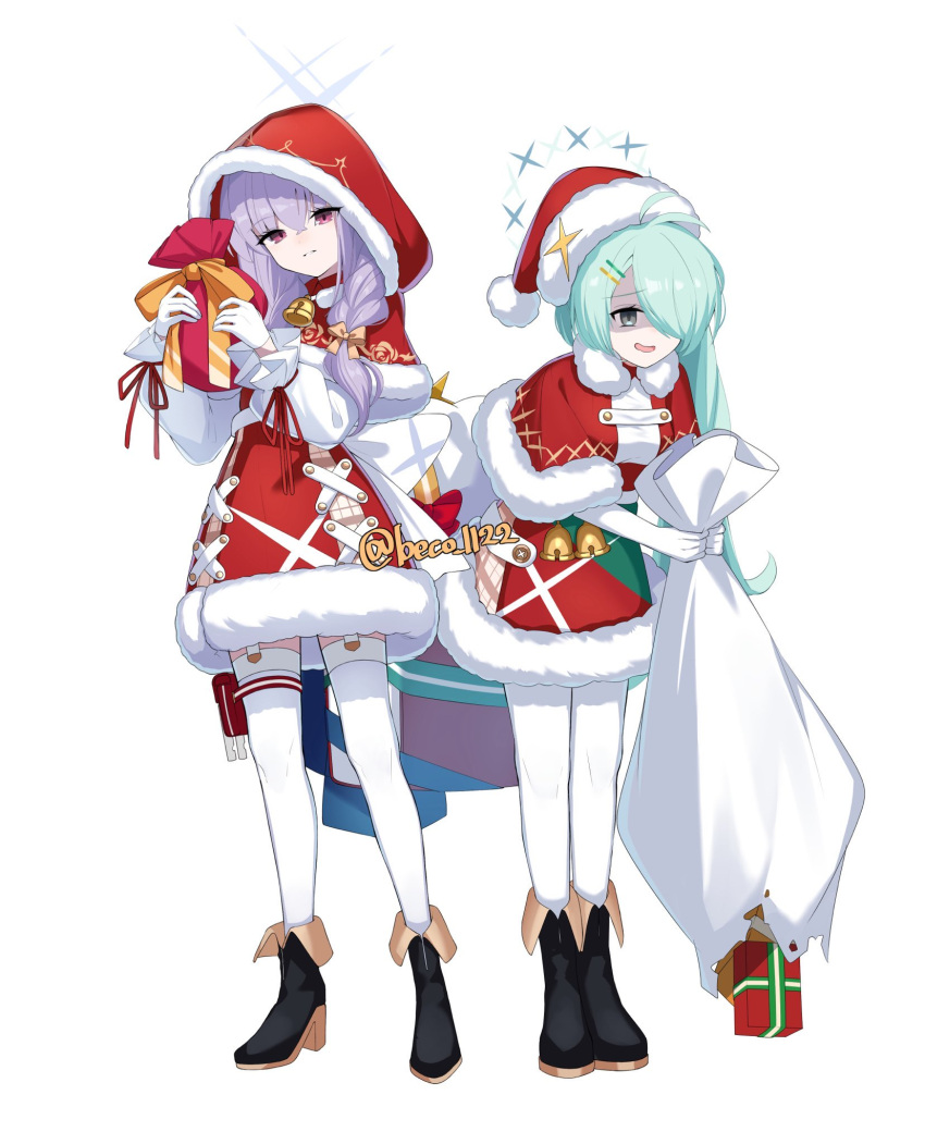 2girls atsuko_(blue_archive) beko_(beco_1122) bell black_footwear blue_archive boots box breasts capelet full_body gift gift_box gloves green_eyes green_hair green_halo hair_between_eyes hair_over_one_eye halo hat highres hiyori_(blue_archive) holding holding_sack long_hair long_sleeves medium_breasts multiple_girls open_mouth pantyhose pom_pom_(clothes) purple_hair purple_halo red_capelet red_eyes red_headwear sack santa_costume santa_hat shaded_face side_ponytail simple_background small_breasts thigh-highs twitter_username white_background white_gloves white_pantyhose white_thighhighs