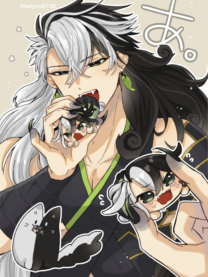 1boy absurdres animalization ashiya_douman_(fate) ashiya_douman_(second_ascension)_(fate) asymmetrical_hair black_hair crying curly_hair earrings eating fate/grand_order fate_(series) fingernails food_in_mouth foodification hair_between_eyes half-closed_eyes happy_aura highres jewelry long_hair magatama magatama_earrings male_focus meta multicolored_hair parody_request sharp_fingernails split-color_hair taityou8738 tears toned toned_male translation_request two-tone_hair upper_body very_long_hair white_hair