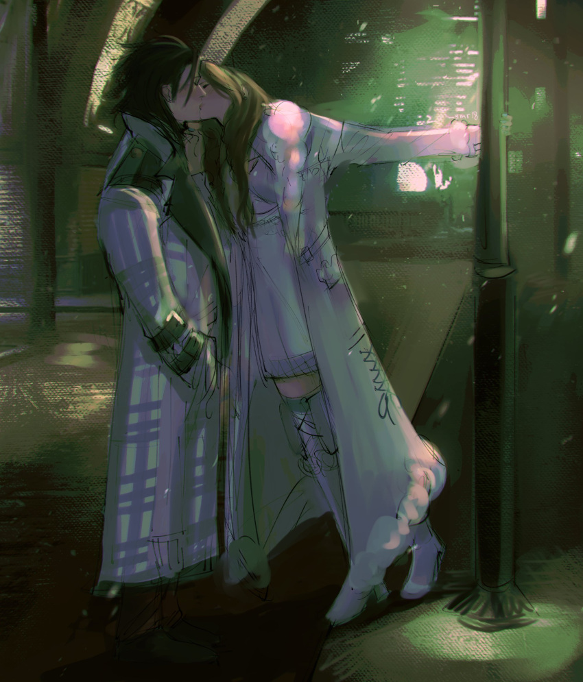 1boy 1girl aerith_gainsborough aerith_gainsborough_(fairy_of_snowfall) black_hair boots brown_hair city_lights closed_eyes coat commentary couple dating dress english_commentary final_fantasy final_fantasy_vii final_fantasy_vii_ever_crisis final_fantasy_vii_remake from_side full_body fur-trimmed_coat fur_trim hair_slicked_back hetero highres kiss lamppost long_hair long_sleeves night official_alternate_costume open_clothes open_coat outdoors parted_bangs sidelocks snowing spiky_hair standing sweater sweater_dress thigh_boots white_coat white_footwear white_sweater winter_clothes winter_coat ymr18 zack_fair zack_fair_(holiday_suit)