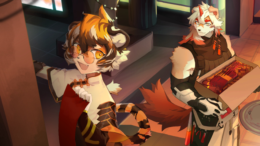 1boy 1girl animal_ears arknights box colored_tips decorating decorations furry furry_female furry_male highres holding holding_box holding_paper horns hung_(arknights) komainu_boy komainu_ears komainu_tail looking_at_another multicolored_hair paper round_eyewear shabi96522 single_horn tail tiger_ears tiger_girl tiger_stripes tiger_tail waai_fu_(arknights)