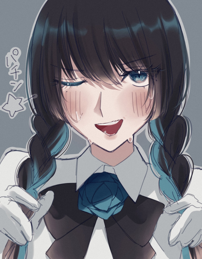 1girl ado_(utaite) alternate_hairstyle black_bow black_bowtie black_hair blue_eyes blue_flower blue_hair blue_rose blush bow bowtie braid chando_(ado) cloud_nine_inc collared_shirt commentary film_grain flower flower_brooch gloves grey_background hair_between_eyes highres long_hair looking_at_viewer mole mole_under_eye multicolored_hair one_eye_closed open_mouth rose shadow shirt solo spica_(spica5f9ea0) sweat teeth twin_braids two-tone_hair upper_body utaite white_gloves white_shirt