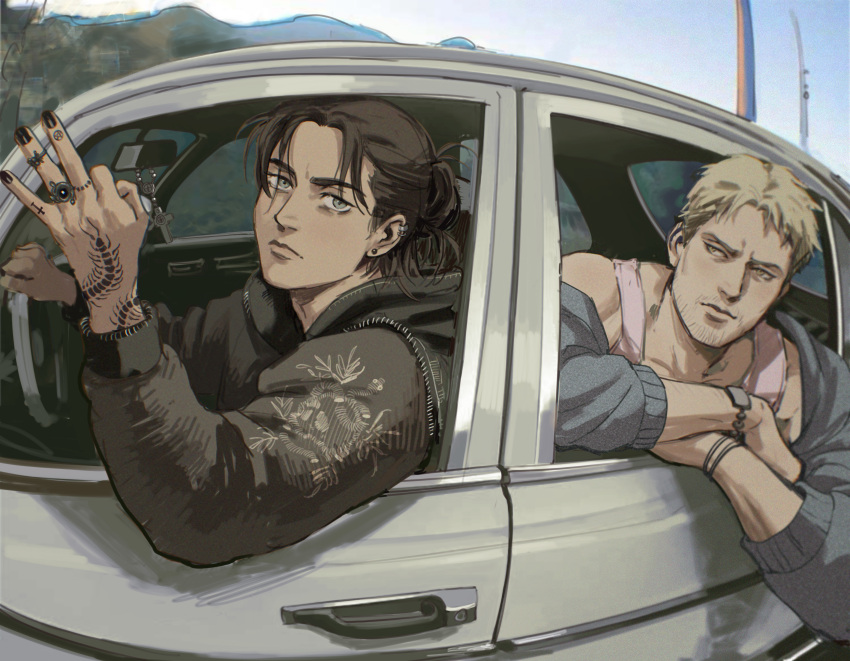 2boys absurdres black_hair black_jacket black_nails blonde_hair closed_mouth day eren_yeager grey_jacket hand_tattoo highres jacket jewelry looking_at_another male_focus multiple_boys muscular muscular_male open_clothes open_jacket outdoors pink_tank_top reiner_braun ring shingeki_no_kyojin short_hair sky smile tank_top tattoo thisuserisalive watch watch