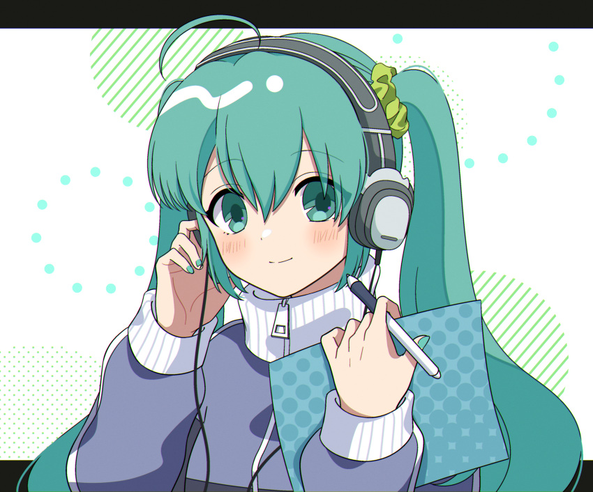 1girl ahoge blush cable green_eyes green_hair hair_ornament hair_scrunchie hand_on_headphones hatsune_miku headphones high_collar highres holding holding_paper holding_stylus jacket looking_at_viewer paper rooibos scrunchie smile solo stylus track_jacket twintails upper_body vocaloid
