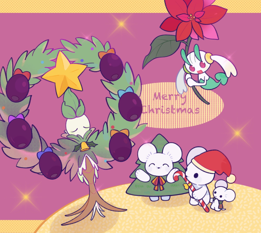 :d ^_^ arboliva bell black_eyes candy candy_cane christmas closed_eyes commentary dian_(nanooo_i) floette flower food highres holding holding_flower maushold no_humans open_mouth pokemon pokemon_(creature) scarf smile standing violet_eyes