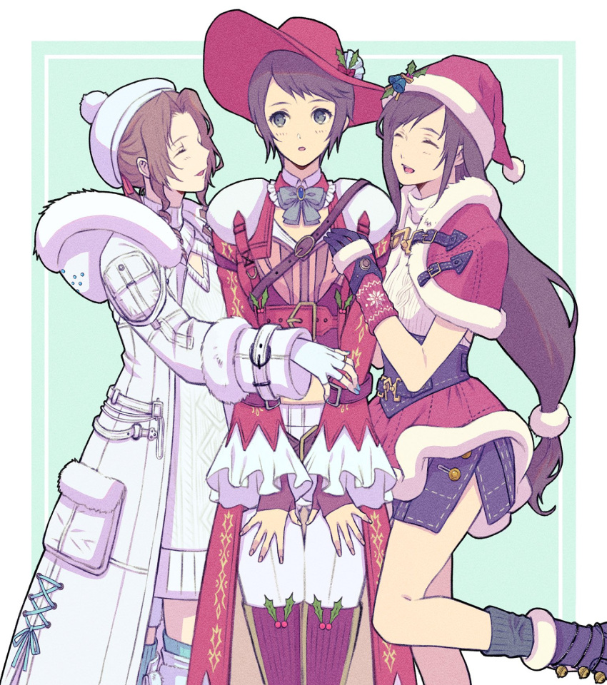 3girls aerith_gainsborough aerith_gainsborough_(fairy_of_snowfall) black_hair brown_hair capelet christmas closed_eyes coat commentary_request dress feet_out_of_frame final_fantasy final_fantasy_vii final_fantasy_vii_ever_crisis fingerless_gloves frilled_sleeves frills fur-trimmed_capelet fur-trimmed_coat fur-trimmed_gloves fur-trimmed_headwear fur-trimmed_skirt fur_trim gloves hair_ornament hat highres holly_hat_ornament light_blush long_hair long_sleeves low-tied_long_hair lucia_lin midriff_peek miniskirt multiple_girls official_alternate_costume parted_lips pom_pom_(clothes) pom_pom_hair_ornament quichi_91 red_capelet red_coat red_headwear red_skirt santa_costume santa_dress santa_hat short_hair skirt sleeveless sleeveless_turtleneck smile standing standing_on_one_leg sweater sweater_dress swept_bangs tifa_lockhart tifa_lockhart_(fairy_of_the_holy_flame) turtleneck turtleneck_sweater very_long_hair white_coat white_gloves white_headwear white_sweater winter_clothes winter_coat
