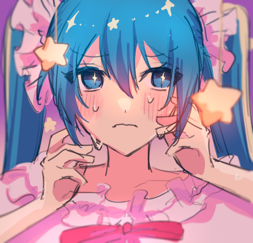 1girl aqua_eyes aqua_hair blush closed_mouth commentary frilled_shirt frills hair_between_eyes hatsune_miku highres long_hair looking_at_viewer nervous_sweating pink_shirt portrait red_ribbon ribbon shirt solo spica_(spica5f9ea0) star-shaped_pupils star_(symbol) sweat symbol-shaped_pupils twintails vocaloid