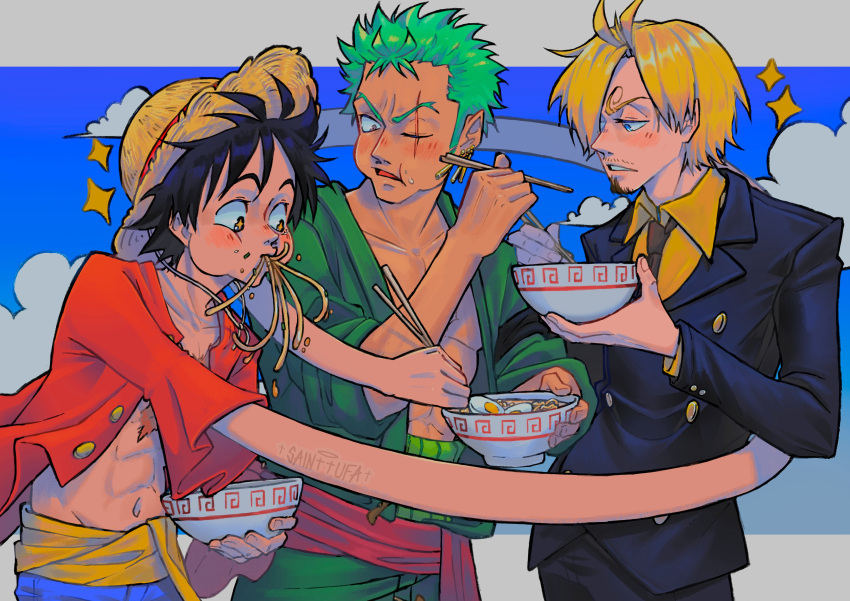 3boys abs absurdres black_hair black_suit blonde_hair blue_eyes blue_sky border bowl chewing clouds collared_shirt curly_eyebrows eating egg english_commentary food green_hair hat highres letterboxed male_focus monkey_d._luffy multiple_boys navel noodles one_piece parted_bangs parted_lips pectoral_cleavage pectorals ramen roronoa_zoro sainttufa sanji_(one_piece) scar scar_across_eye shirt short_hair sky sparkle straw_hat suit teeth upper_body v-shaped_eyebrows white_border yellow_shirt