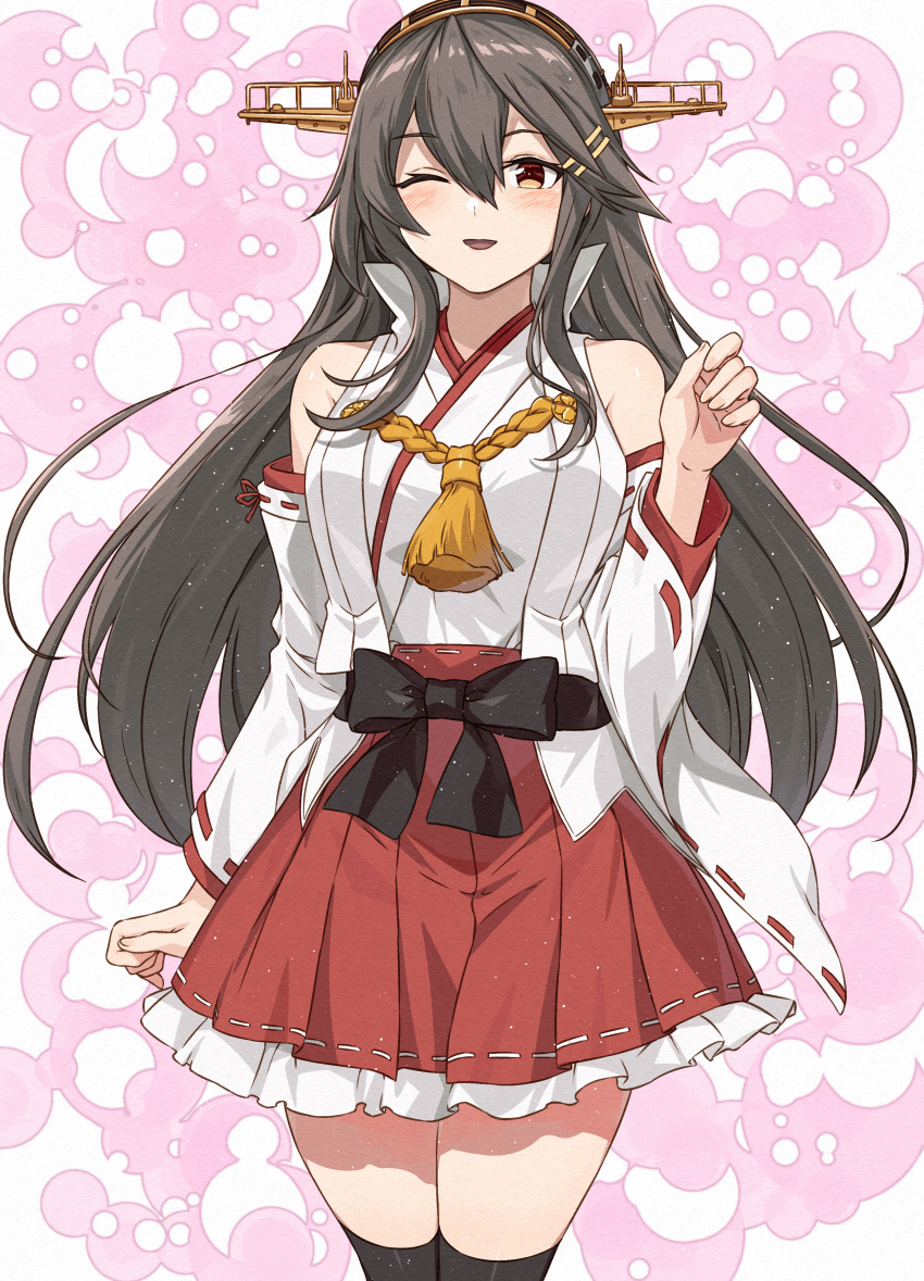 1girl absurdres bare_shoulders black_hair blush boots breasts brown_eyes cowboy_shot detached_sleeves hair_between_eyes hair_ornament hairband hairclip hakama hakama_short_skirt hakama_skirt haruna_(kancolle) haruna_kai_ni_(kancolle) headgear highres japanese_clothes kanmiya_shinobu kantai_collection long_hair looking_at_viewer medium_breasts multicolored_background nontraditional_miko open_mouth pink_background red_skirt ribbon-trimmed_sleeves ribbon_trim skirt smile solo thigh_boots white_background