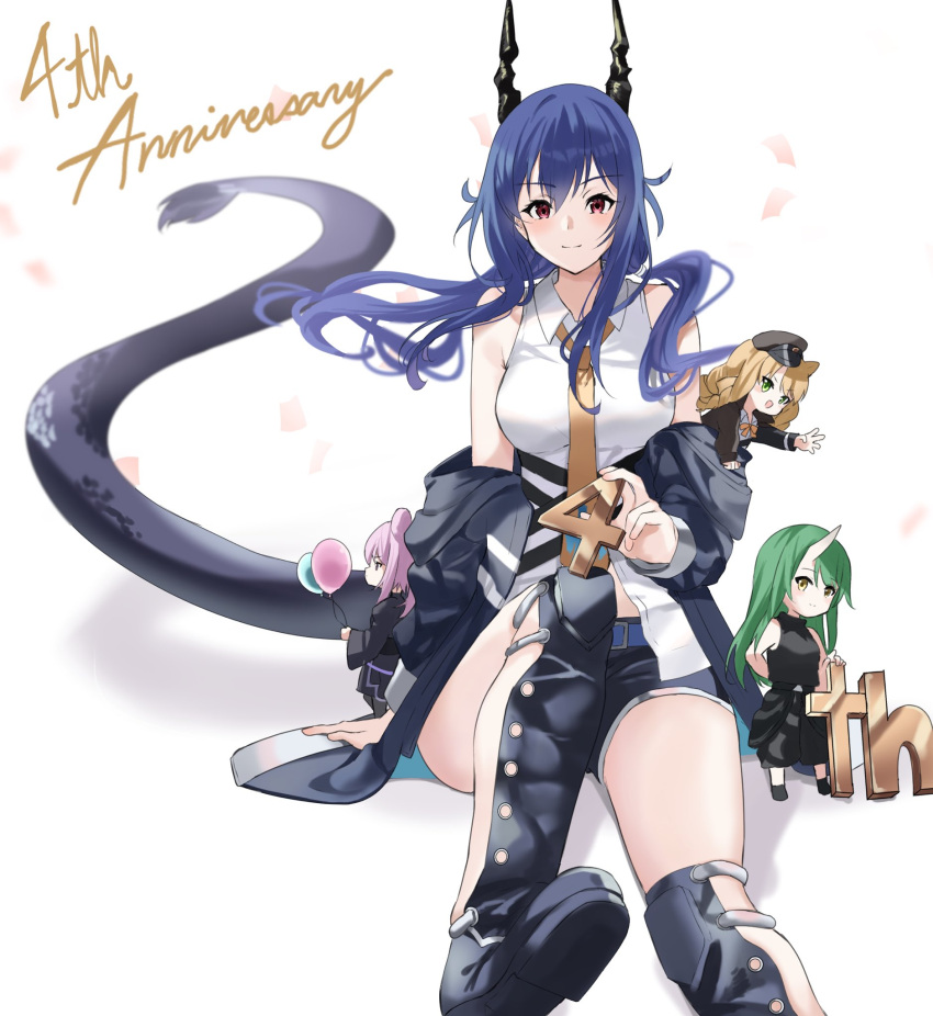 4girls animal_ears anniversary arknights balloon bare_shoulders belt black_jacket black_shorts blue_hair blush boots breasts ch'en_(arknights) collared_shirt commentary_request dragon_girl dragon_horns dragon_tail green_eyes green_hair hair_between_eyes highres holding holding_balloon horns hoshiguma_yuugi jacket jacket_pull knee_boots knee_up lily0428 looking_at_viewer medium_breasts mini_person minigirl multiple_girls necktie off_shoulder oni_horns open_clothes open_jacket pink_hair red_eyes shirt short_shorts shorts single_horn size_difference sleeveless sleeveless_shirt smile solo_focus swire_(arknights) tail thighs white_shirt yellow_eyes yellow_necktie