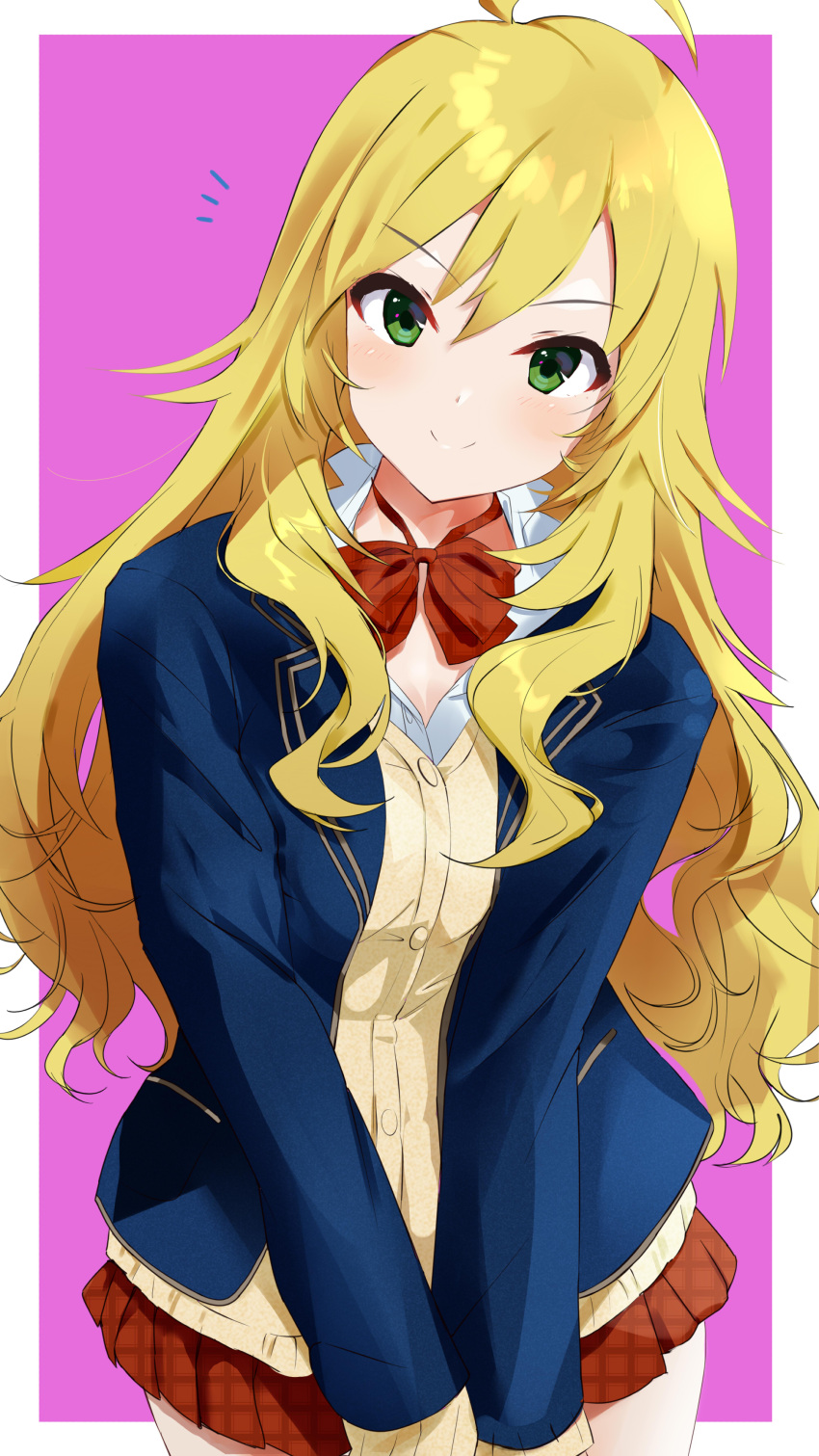 &gt;:) 1girl absurdres ahoge blonde_hair blue_jacket blush border bow brown_cardigan cardigan closed_mouth commentary cowboy_shot green_eyes hair_between_eyes highres hoshii_miki idolmaster idolmaster_(classic) jacket long_hair long_sleeves looking_at_viewer miniskirt notice_lines open_clothes open_jacket pink_background pleated_skirt red_bow red_skirt school_uniform sidelocks simple_background skirt smile solo split_mouth standing v-shaped_eyebrows very_long_hair wavy_hair white_border zenoo