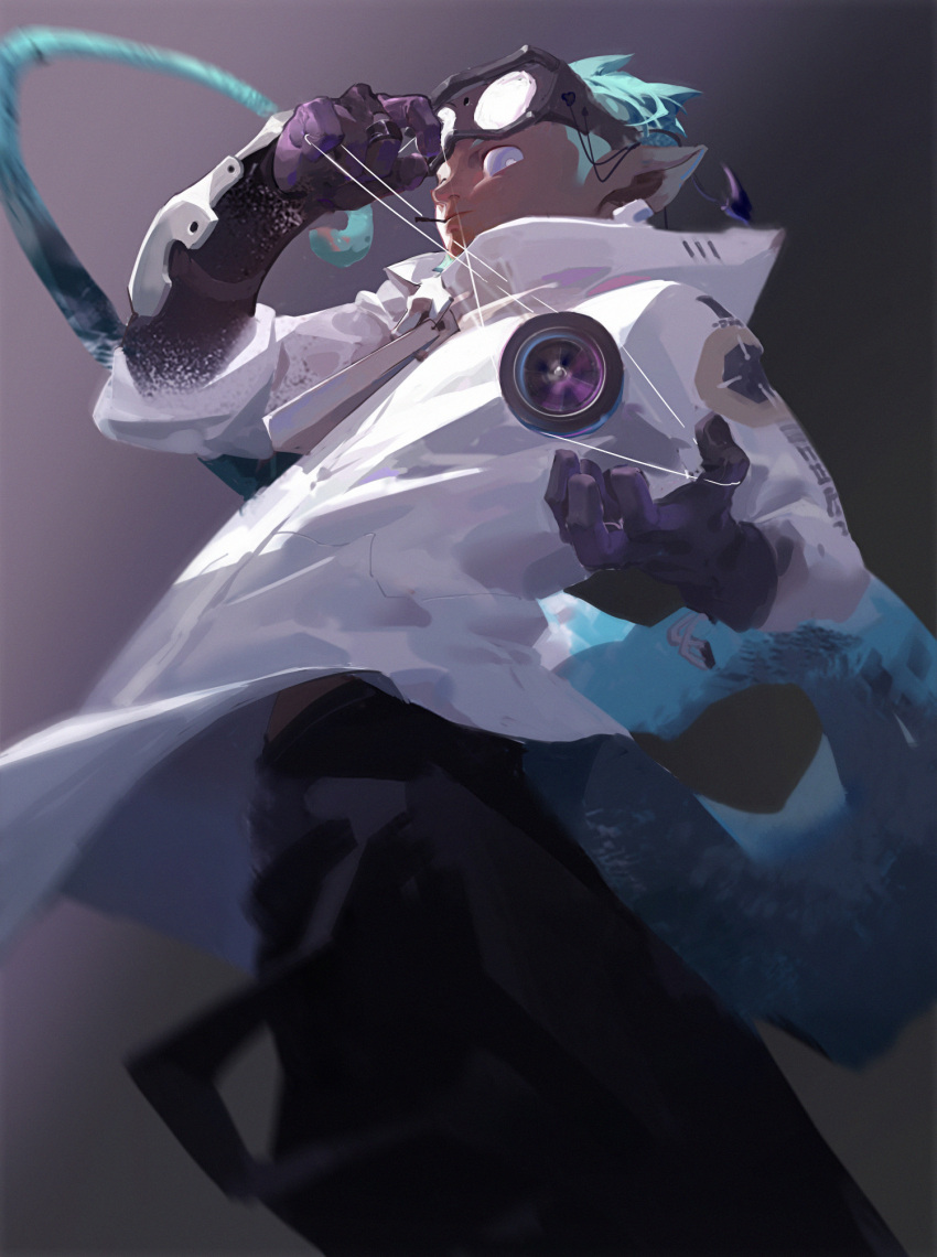 1boy arknights black_pants blue_hair chameleon_boy chameleon_tail ear_piercing ethan_(arknights) from_below goggles goggles_on_head highres jacket looking_at_viewer male_focus oversized_zipper pants piercing pointy_ears tail toreach_(crgs7455) white_jacket yo-yo