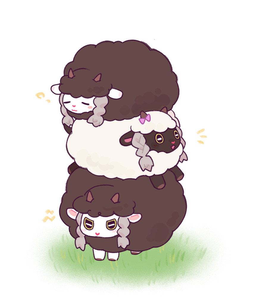 :3 alternate_color animal_focus blush_stickers closed_eyes closed_mouth commentary_request dian_(nanooo_i) grass highres no_humans notice_lines open_mouth pokemon pokemon_(creature) sheep shiny_pokemon smile stack wooloo