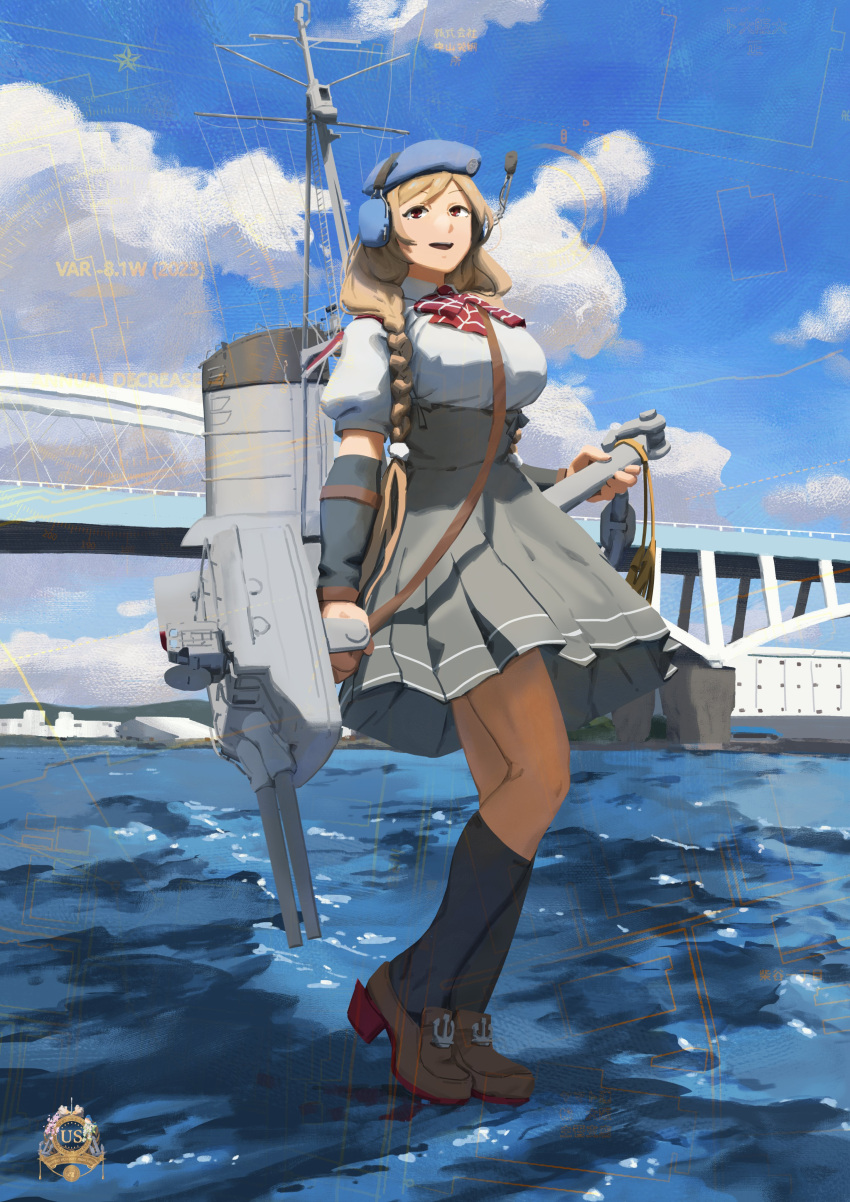 1girl absurdres adapted_turret antennae arm_warmers blue_sky bow bowtie braid breasts bridge brown_eyes cannon cloud_hair_ornament clouds collared_shirt day dress_shirt earmuffs full_body grey_skirt highres kantai_collection large_breasts light_brown_hair logo long_hair low_twin_braids machinery minegumo_(kancolle) outdoors plaid plaid_bow plaid_bowtie red_bow red_bowtie shirt skirt sky smokestack solo standing standing_on_liquid suspender_skirt suspenders turret twin_braids water white_shirt ye_fan