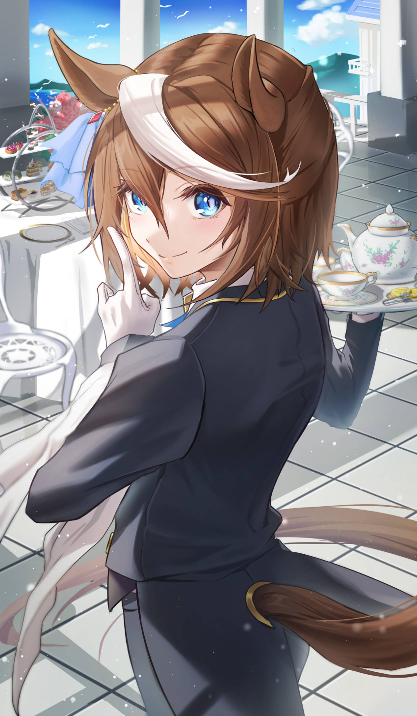 absurdres animal_ears black_jacket black_pants blue_eyes brown_hair chair closed_mouth commentary_request cup ear_ornament food gloves hair_between_eyes highres holding holding_tray horse_ears horse_girl horse_tail jacket kinoyama_(0202) looking_at_viewer multicolored_hair official_alternate_costume official_alternate_hairstyle outdoors pants short_hair smile streaked_hair table tail tail_through_clothes teacup teapot tokai_teio_(umamusume) tokai_teio_(waltz_of_hiwing)_(umamusume) tray umamusume white_gloves white_hair