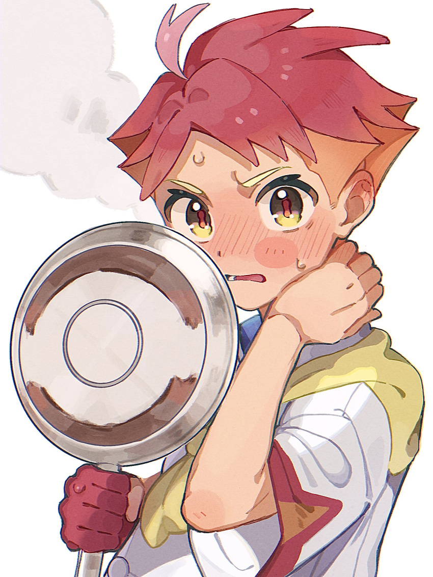 1boy blush blush_stickers commentary_request crispin_(pokemon) frying_pan gloves hand_up highres holding holding_frying_pan jacket looking_at_viewer lower_teeth_only male_focus neckerchief open_mouth orange_hair partially_fingerless_gloves pe_cippe pokemon pokemon_sv red_gloves red_pupils redhead short_hair short_sleeves single_glove solo sweat teeth upper_body white_background white_jacket yellow_eyes yellow_neckerchief