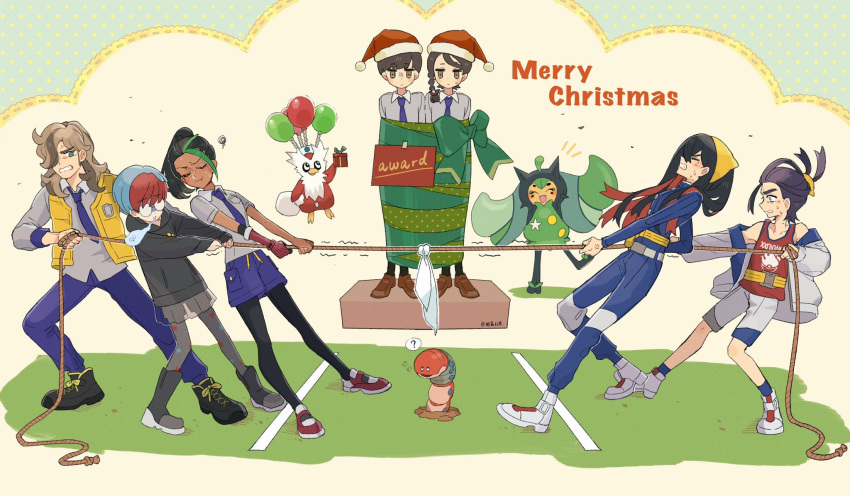 3boys 4girls ? arven_(pokemon) black_hair black_pantyhose blue_hair blue_jacket blue_pants boots braid brown_eyes brown_hair carmine_(pokemon) christmas clenched_teeth collared_shirt dark-skinned_female dark_skin delibird florian_(pokemon) giving_up_the_ghost glasses gloves green_eyes green_hair hairband hat highres hood hoodie jacket juliana_(pokemon) kieran_(pokemon) long_hair long_sleeves merry_christmas mixed-language_commentary multicolored_hair multiple_boys multiple_girls nai_gai_hongcha necktie nemona_(pokemon) off_shoulder ogerpon open_clothes open_vest orthworm pants pantyhose penny_(pokemon) pokemon pokemon_(creature) pokemon_sv ponytail purple_necktie purple_pants purple_shorts red_headwear red_shirt redhead rope round_eyewear santa_hat see-through see-through_skirt shirt shoes short_sleeves shorts single_glove skirt sleeveless sleeveless_shirt squiggle standing teeth tug_of_war two-tone_hair vest yellow_hairband yellow_vest
