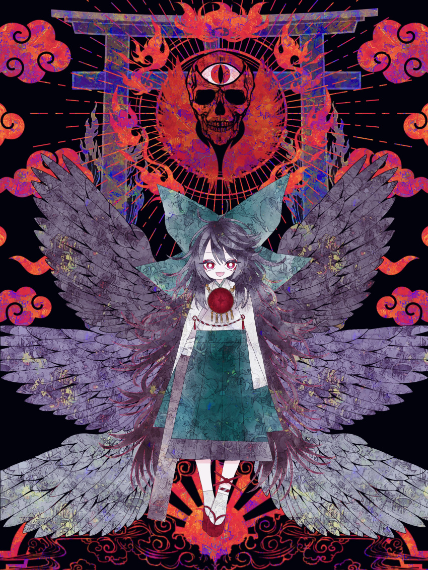 1girl absurdres arm_cannon bird_wings black_hair black_wings boku_(isizakitakasi) bow green_bow hair_bow highres japanese_clothes kimono long_hair multiple_wings open_mouth red_clouds red_eyes red_sun reiuji_utsuho skirt skull smile third_eye torii touhou very_long_hair weapon wings