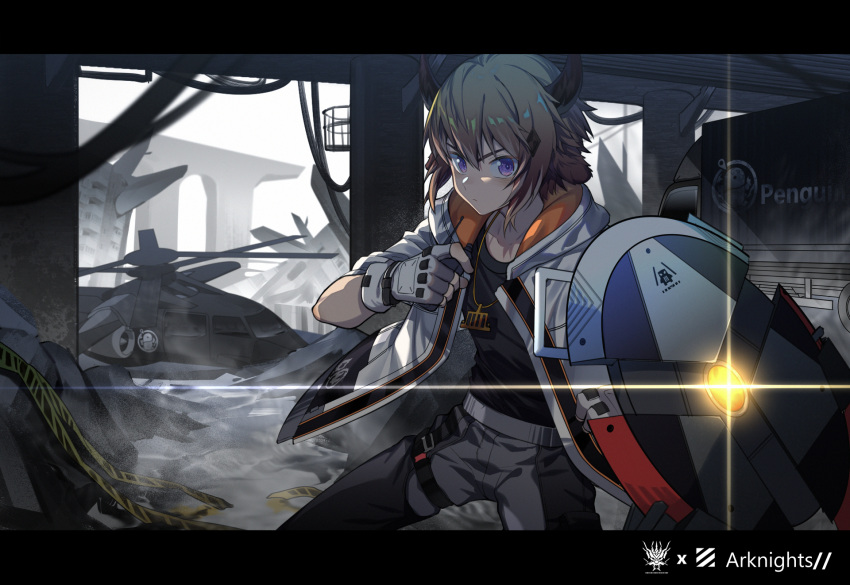 1boy aircraft animal_ears arknights bison_(arknights) black_shirt blonde_hair colored_tips copyright_name cow_boy cow_ears cow_horns fingerless_gloves gloves helicopter highres holding holding_shield holding_walkie-talkie hood hooded_jacket horns jacket jewelry looking_at_viewer male_focus multicolored_hair necklace rubble shield shirt sora_(zwz030) violet_eyes walkie-talkie