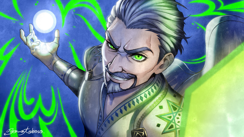 1boy animification artist_name asymmetrical_eyes beard blue_background cape evil_grin evil_smile facial_hair fang goatee green_eyes grey_hair grin guest_art hair_slicked_back half-closed_eye highres holding_orb king_magnifico long_sleeves looking_at_viewer magic male_focus mature_male official_art orb robe short_hair signature simple_background smile solo thick_eyebrows toboso_yana upper_body white_cape white_robe wish_(disney)