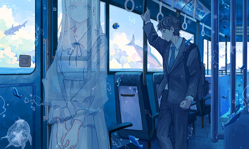 1boy 1girl absurdres arm_up backpack bag black_hair black_jacket black_pants black_suit blue_eyes blue_necktie blue_sky blue_theme blunt_bangs bright_pupils bus_interior clenched_hand clouds collared_shirt commentary dress feet_out_of_frame fish flying_whale frilled_sleeves frills from_side handlebar highres ivelovedsekaowa jacket jellyfish long_hair long_sleeves neck_ribbon necktie original own_hands_together pants ribbon shirt short_hair sky standing straight_hair suit surreal transparent v_arms whale white_dress white_hair white_pupils white_shirt window