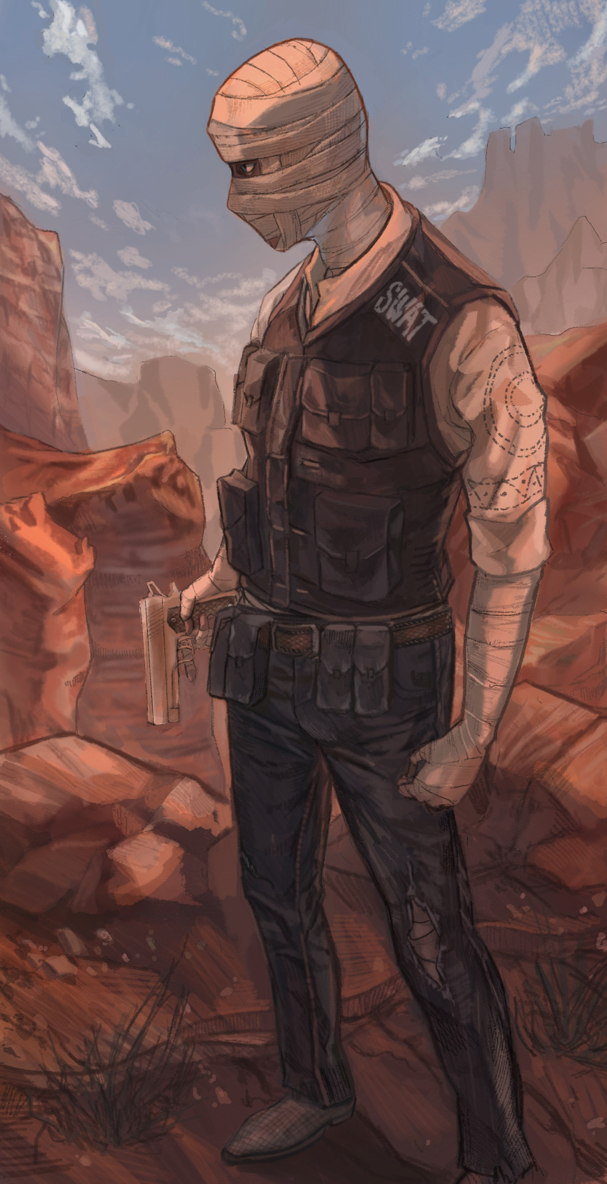 1boy absurdres ammunition_pouch bandaged_arm bandaged_head bandages black_pants boots brown_footwear bulletproof_vest canyon cliff clouds cloudy_sky collared_shirt denim fallout_(series) fallout_new_vegas from_side grass gun handgun highres holding holding_gun holding_weapon joshua_graham looking_to_the_side male_focus motsu_pot pants pouch rock shirt sky solo swat weapon
